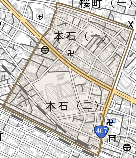 本石とその周辺の地図。町の範囲を重ねている