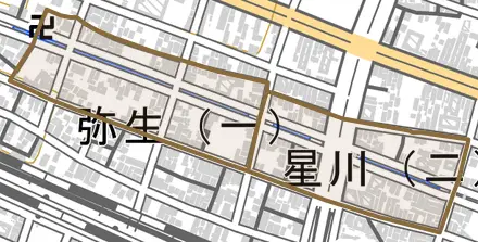 星川とその周辺の地図。町の範囲を重ねている