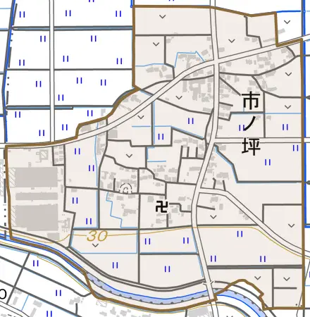 市ノ坪とその周辺の地図。町の範囲を重ねている