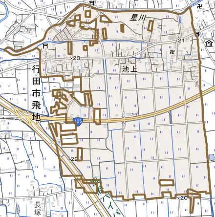 池上とその周辺の地図。町の範囲を重ねている