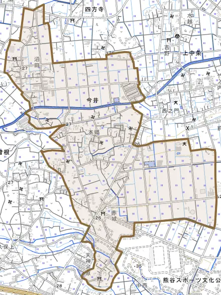 今井とその周辺の地図。町の範囲を重ねている
