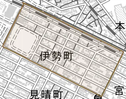 伊勢町とその周辺の地図。町の範囲を重ねている