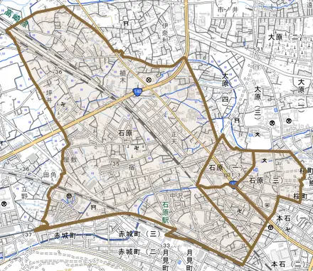 石原とその周辺の地図。町の範囲を重ねている