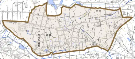 板井とその周辺の地図。町の範囲を重ねている