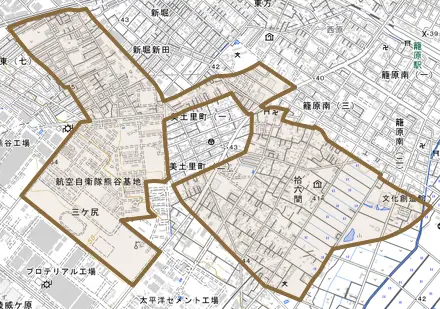 拾六間とその周辺の地図。町の範囲を重ねている