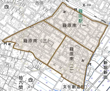 籠原南とその周辺の地図。町の範囲を重ねている