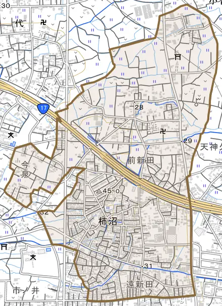 柿沼とその周辺の地図。町の範囲を重ねている
