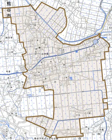 上中条とその周辺の地図。町の範囲を重ねている