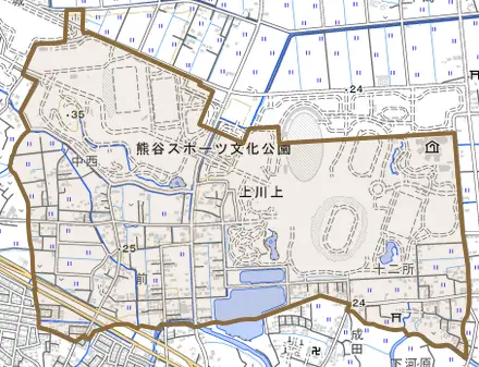 上川上とその周辺の地図。町の範囲を重ねている