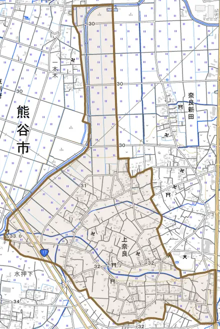 上奈良とその周辺の地図。町の範囲を重ねている