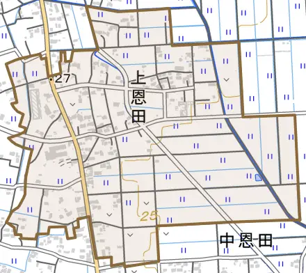 上恩田とその周辺の地図。町の範囲を重ねている