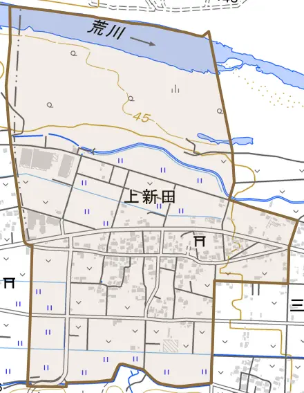 上新田とその周辺の地図。町の範囲を重ねている