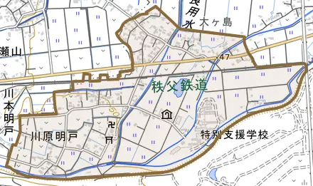 川原明戸とその周辺の地図。町の範囲を重ねている
