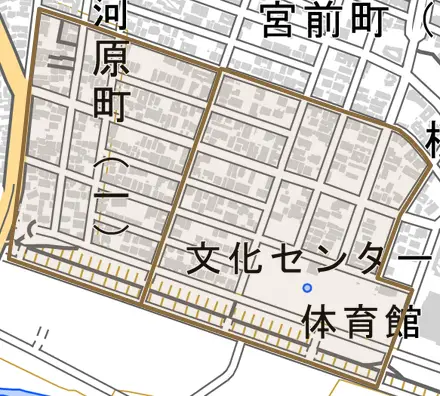 河原町とその周辺の地図。町の範囲を重ねている