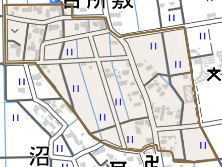 吉所敷とその周辺の地図。町の範囲を重ねている
