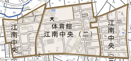 江南中央とその周辺の地図。町の範囲を重ねている