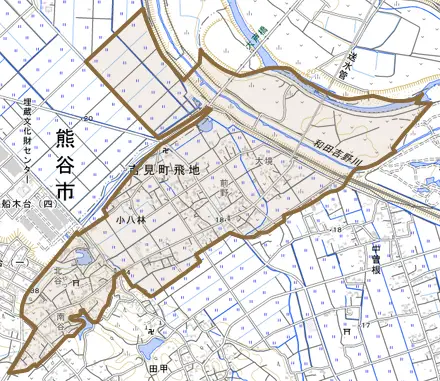 小八林とその周辺の地図。町の範囲を重ねている
