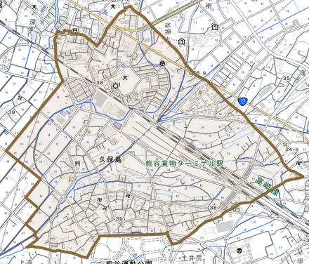 久保島とその周辺の地図。町の範囲を重ねている