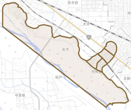 久下とその周辺の地図。町の範囲を重ねている