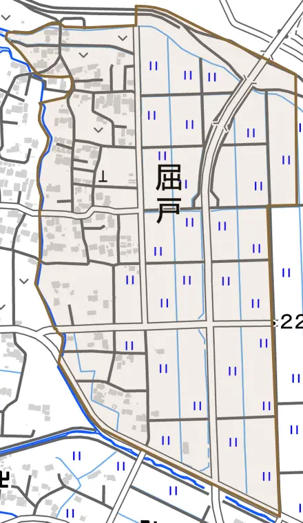 屈戸とその周辺の地図。町の範囲を重ねている