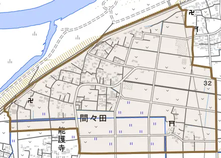 間々田とその周辺の地図。町の範囲を重ねている