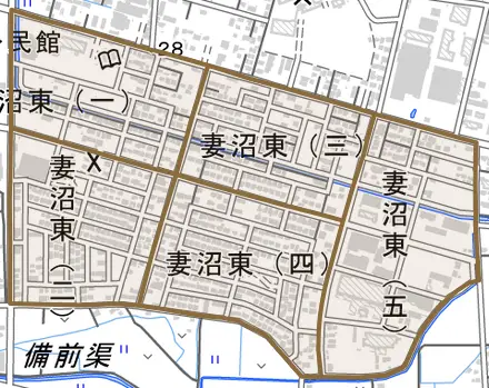 妻沼東とその周辺の地図。町の範囲を重ねている