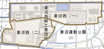 妻沼西とその周辺の地図。町の範囲を重ねている