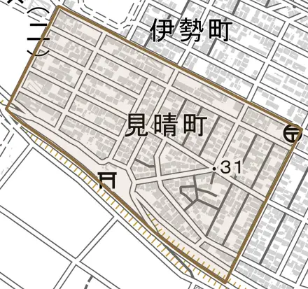 見晴町とその周辺の地図。町の範囲を重ねている