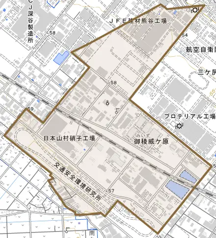 御稜威ケ原とその周辺の地図。町の範囲を重ねている