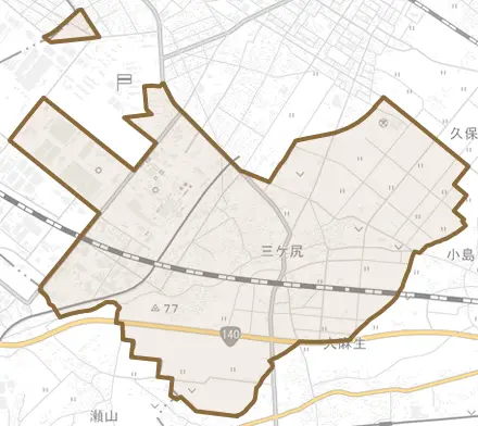 三ケ尻とその周辺の地図。町の範囲を重ねている