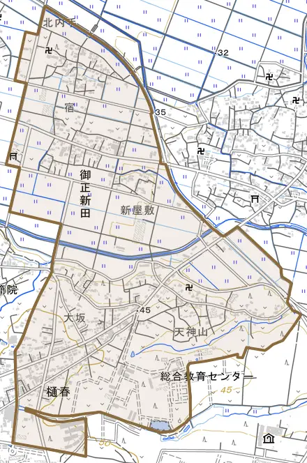 御正新田とその周辺の地図。町の範囲を重ねている