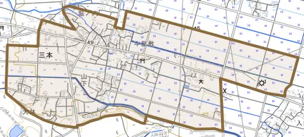 三本とその周辺の地図。町の範囲を重ねている