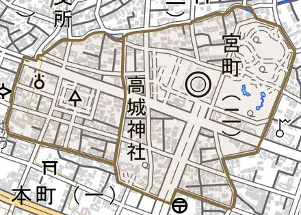 宮町とその周辺の地図。町の範囲を重ねている