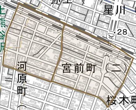 宮前町とその周辺の地図。町の範囲を重ねている