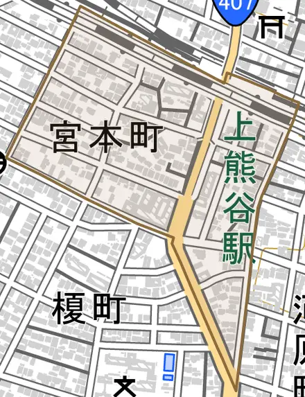 宮本町とその周辺の地図。町の範囲を重ねている