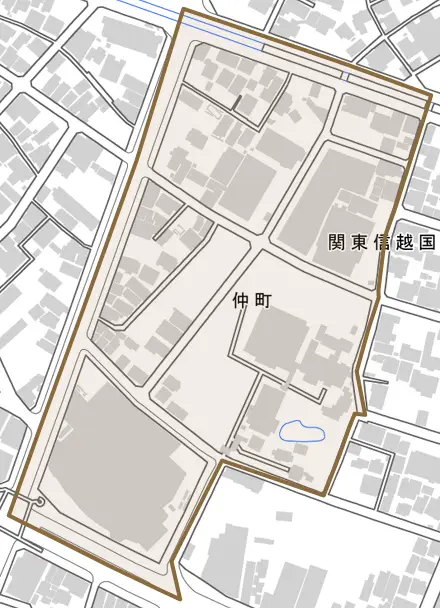 仲町とその周辺の地図。町の範囲を重ねている