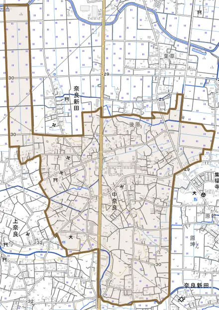 中奈良とその周辺の地図。町の範囲を重ねている