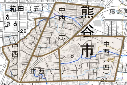 中西とその周辺の地図。町の範囲を重ねている