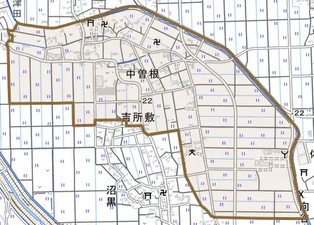 中曽根とその周辺の地図。町の範囲を重ねている