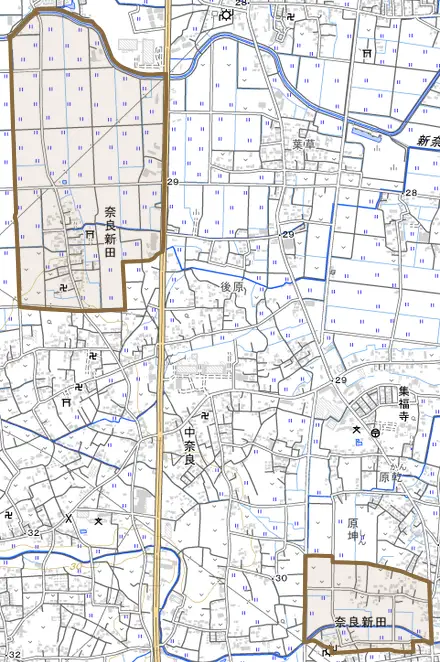 奈良新田とその周辺の地図。町の範囲を重ねている
