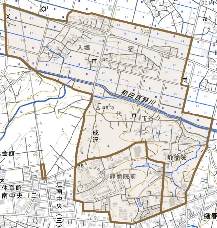 成沢とその周辺の地図。町の範囲を重ねている