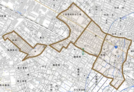 新堀とその周辺の地図。町の範囲を重ねている