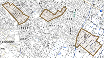 新堀新田とその周辺の地図。町の範囲を重ねている