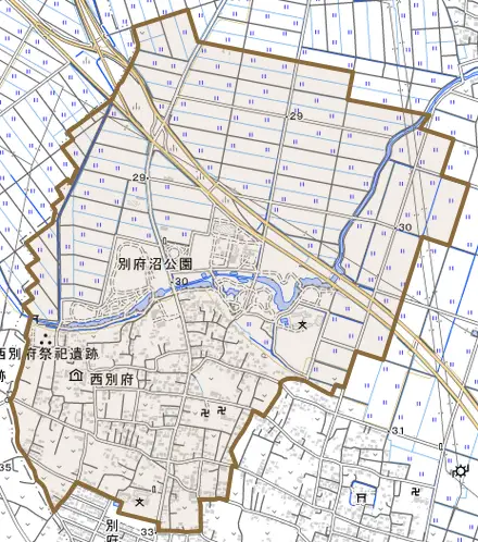 西別府とその周辺の地図。町の範囲を重ねている