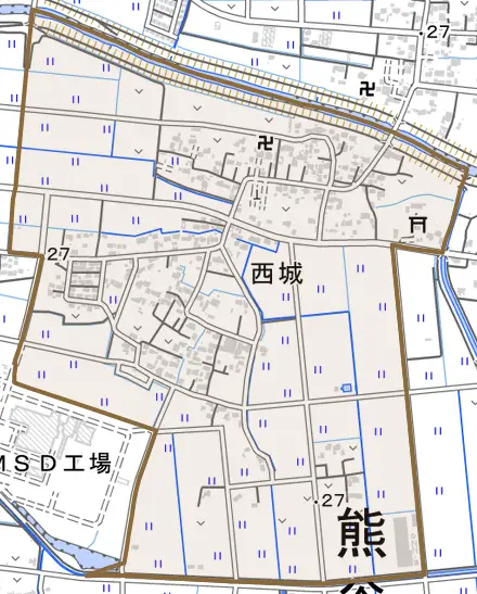 西城とその周辺の地図。町の範囲を重ねている