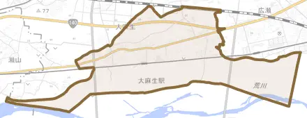 大麻生とその周辺の地図。町の範囲を重ねている