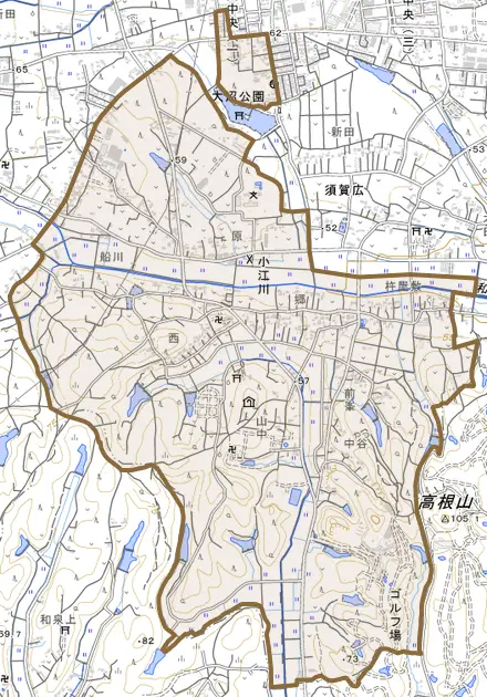 小江川とその周辺の地図。町の範囲を重ねている