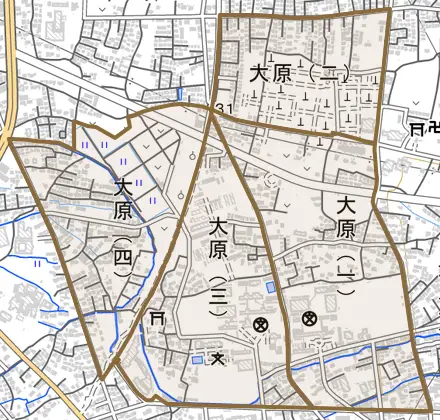 大原とその周辺の地図。町の範囲を重ねている