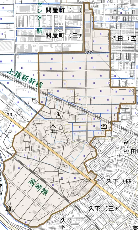 太井とその周辺の地図。町の範囲を重ねている