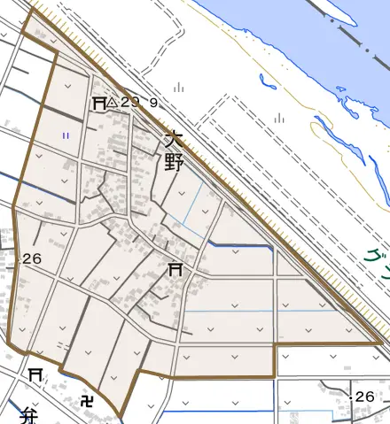 大野とその周辺の地図。町の範囲を重ねている